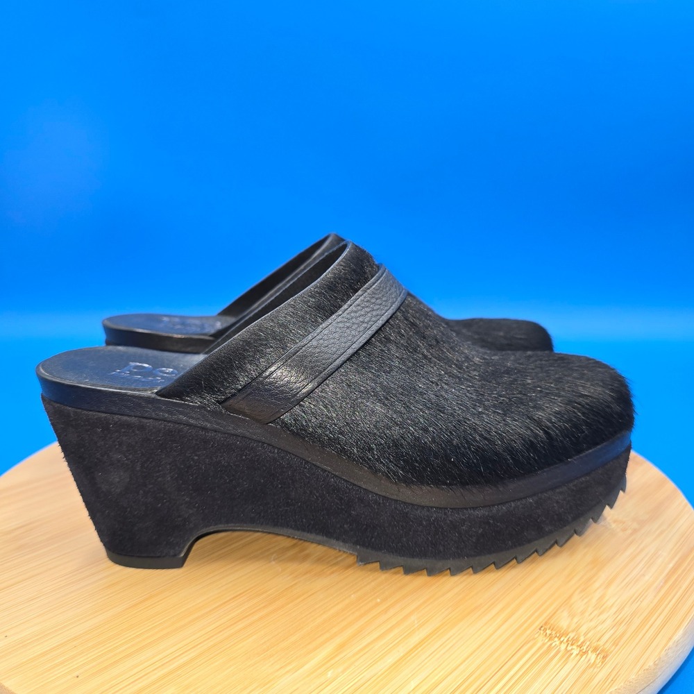 Pedro Garcia Black Pony Calf Hair Suede Platform Wedge Clogs Mules Spain 37.5